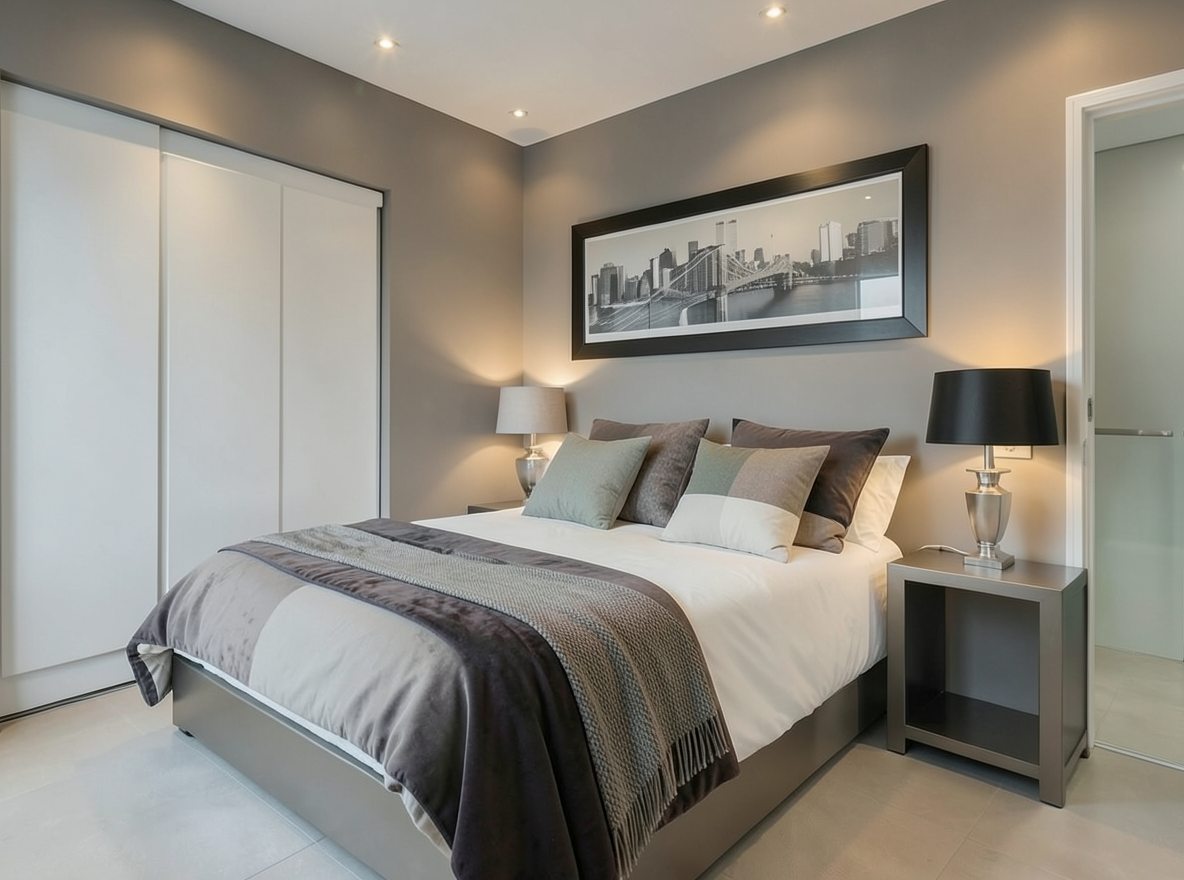 Main redesign studio: Redesign this room in a Modern interior style: clean lines, a neutral palette with bold accents, sleek low-profile furniture, glass and matte-metal su