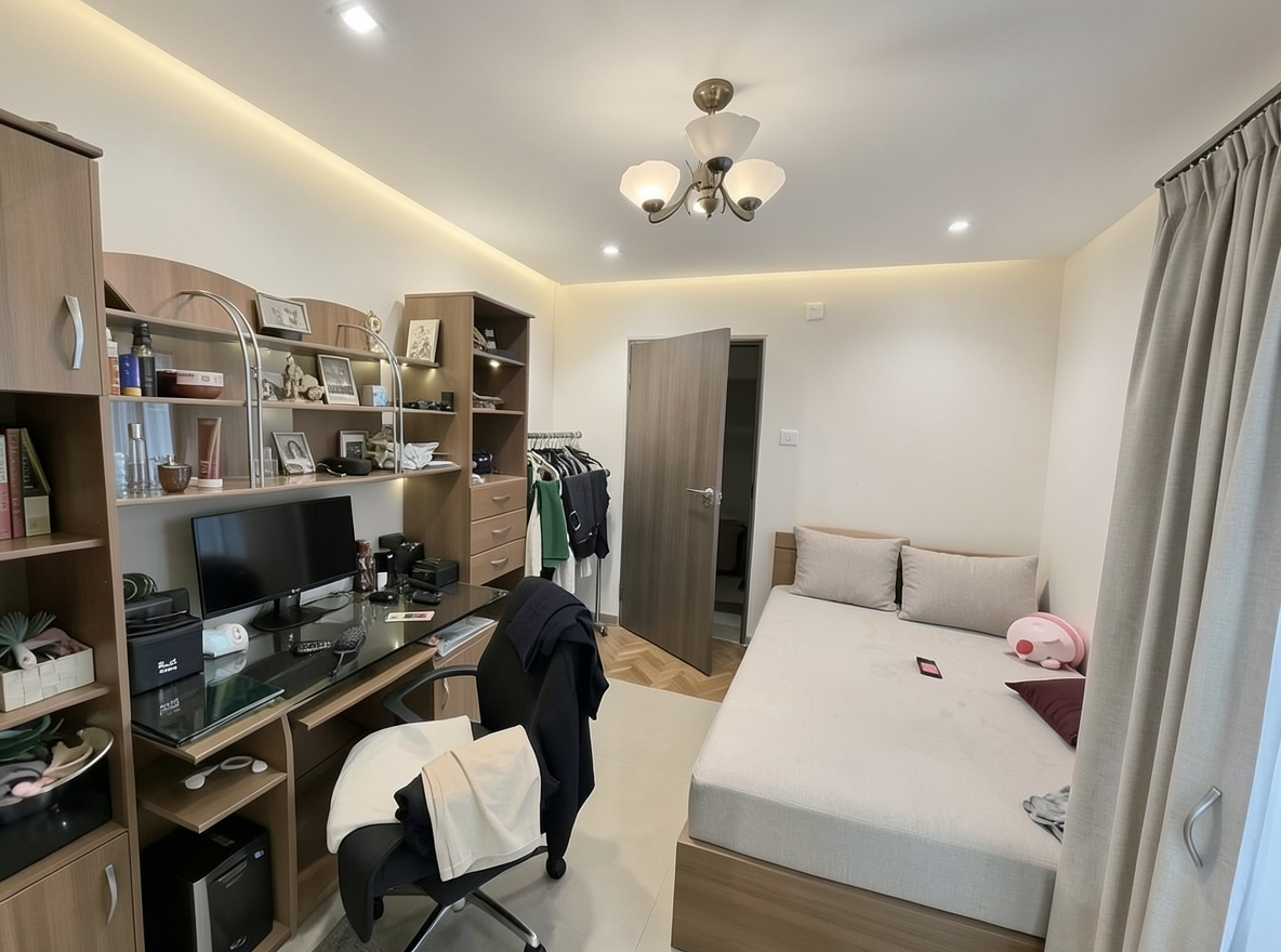 Main redesign studio: Redesign this room in a Modern interior style: clean lines, a neutral palette with bold accents, sleek low-profile furniture, glass and matte-metal su