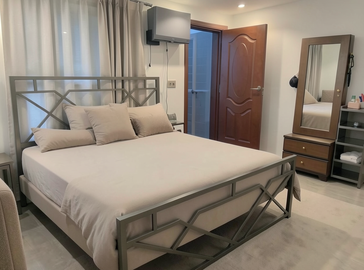 Main redesign studio: Redesign this room in a Modern interior style: clean lines, a neutral palette with bold accents, sleek low-profile furniture, glass and matte-metal su