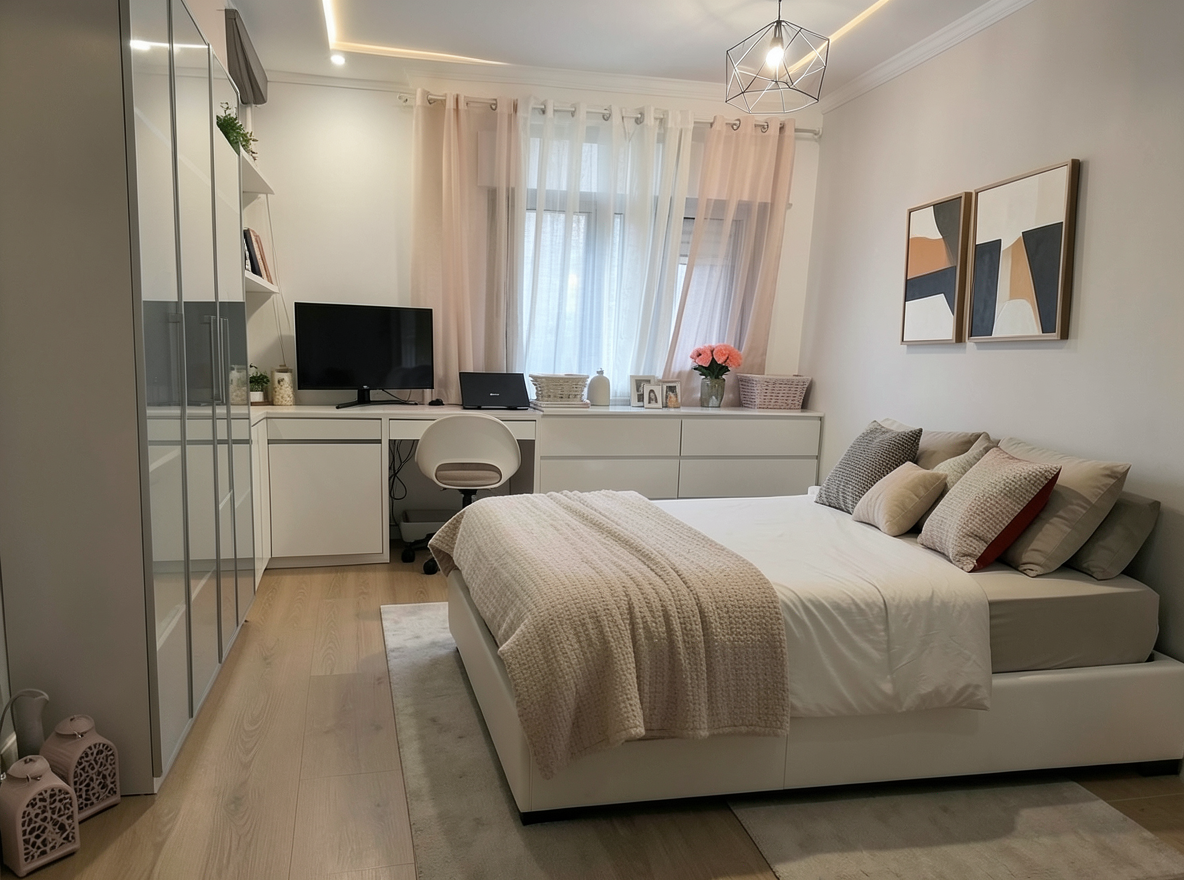 Main redesign studio: Redesign this room in a Modern interior style: clean lines, a neutral palette with bold accents, sleek low-profile furniture, glass and matte-metal su