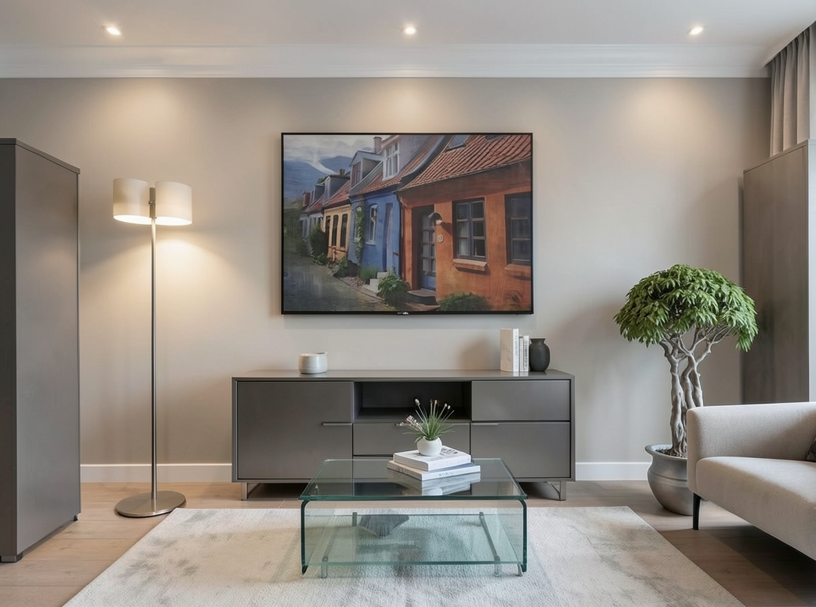 Main redesign studio: Redesign this room in a Modern interior style: clean lines, a neutral palette with bold accents, sleek low-profile furniture, glass and matte-metal su