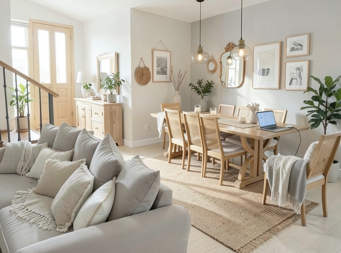 Main redesign studio: Redesign this room in a Scandinavian interior style: light oak wood, a white and soft-grey palette, wool and linen textiles, a woven jute rug, leafy p