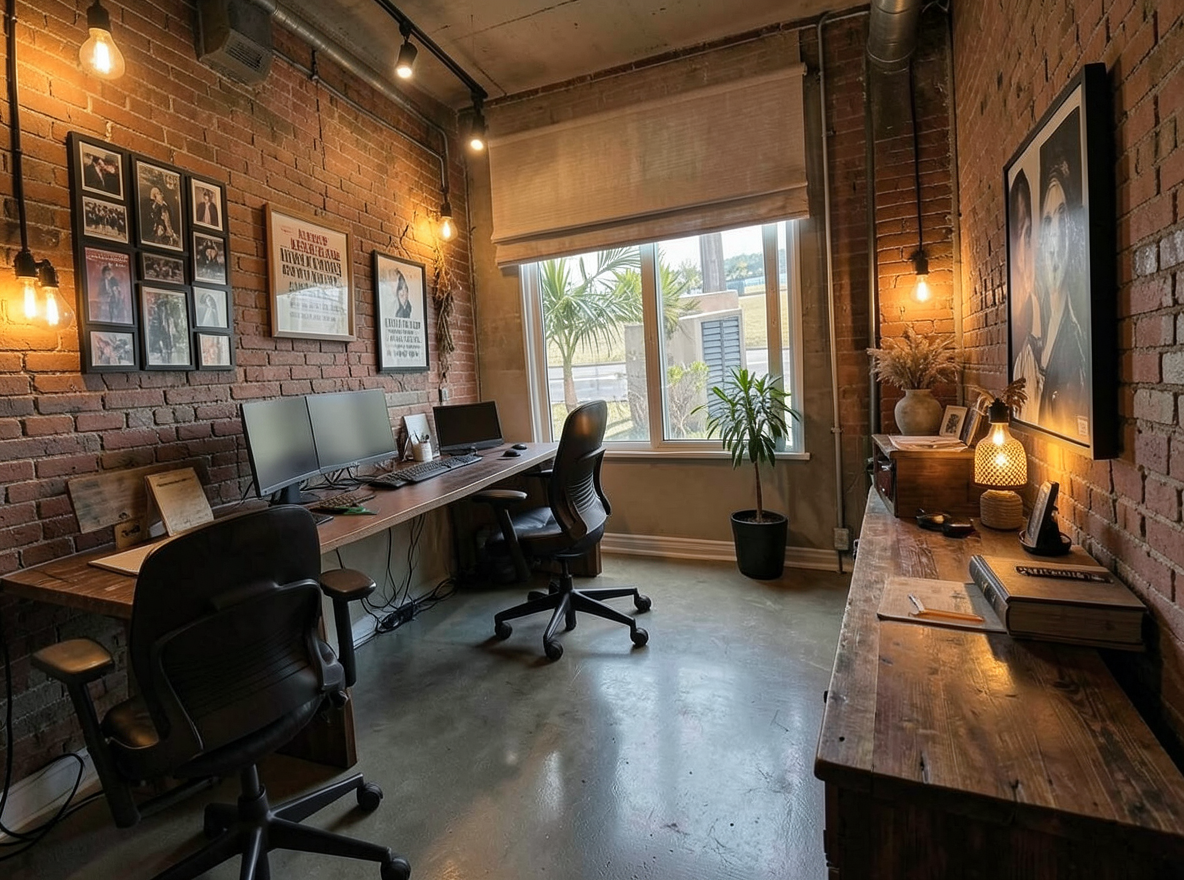 Main redesign studio: Redesign this room in a Industrial interior style: exposed-brick walls, black steel and reclaimed-wood furniture, polished concrete floor, leather acc