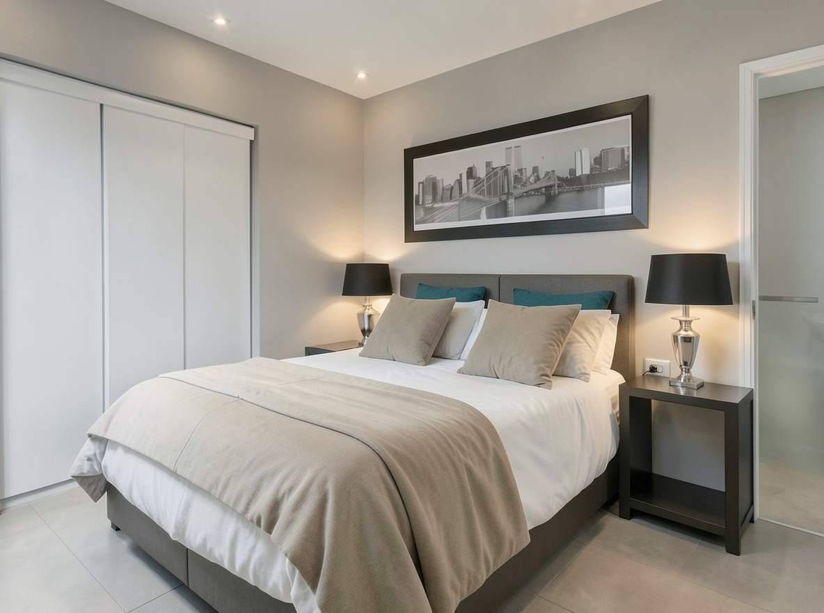 Main redesign studio: Redesign this room in a Modern interior style: clean lines, a neutral palette with bold accents, sleek low-profile furniture, glass and matte-metal su