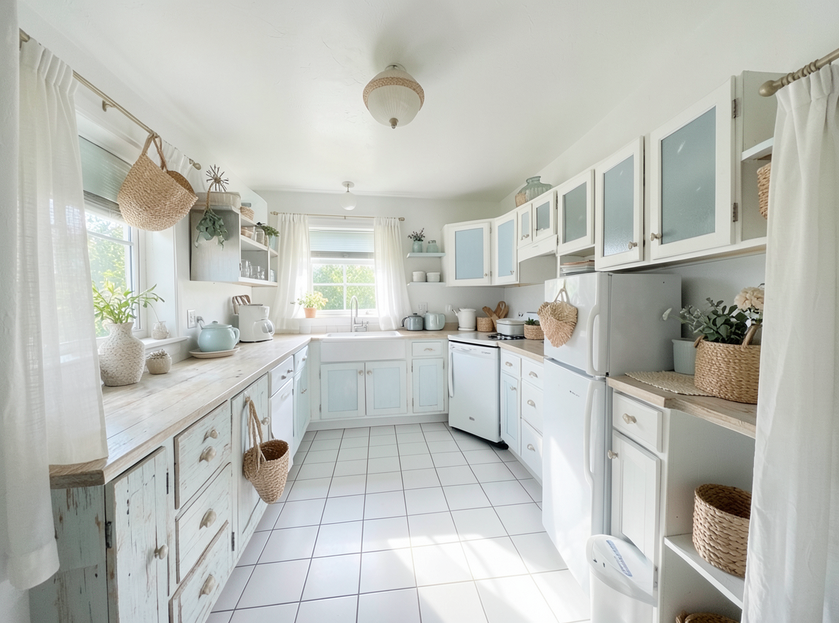 Main redesign studio: Redesign this room in a Coastal interior style: airy whites and soft-blue tones, weathered light wood, natural linen and woven textures, breezy sheer
