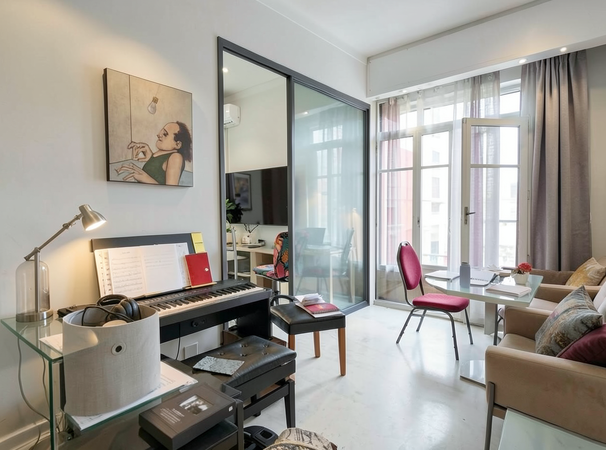 Main redesign studio: Redesign this room in a Modern interior style: clean lines, a neutral palette with bold accents, sleek low-profile furniture, glass and matte-metal su