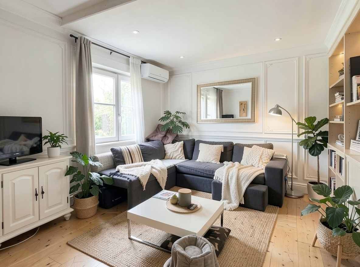 Main redesign studio: Redesign this room in a Scandinavian interior style: light oak wood, a white and soft-grey palette, wool and linen textiles, a woven jute rug, leafy p