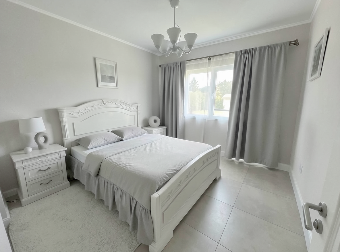 Main redesign studio: Redesign this room in a Minimalist interior style: an uncluttered space, a monochrome neutral palette, a few sculptural pieces, concealed storage, sof