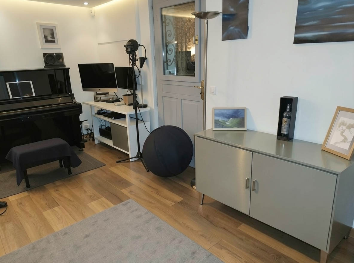 Main redesign studio: Redesign this room in a Modern interior style: clean lines, a neutral palette with bold accents, sleek low-profile furniture, glass and matte-metal su