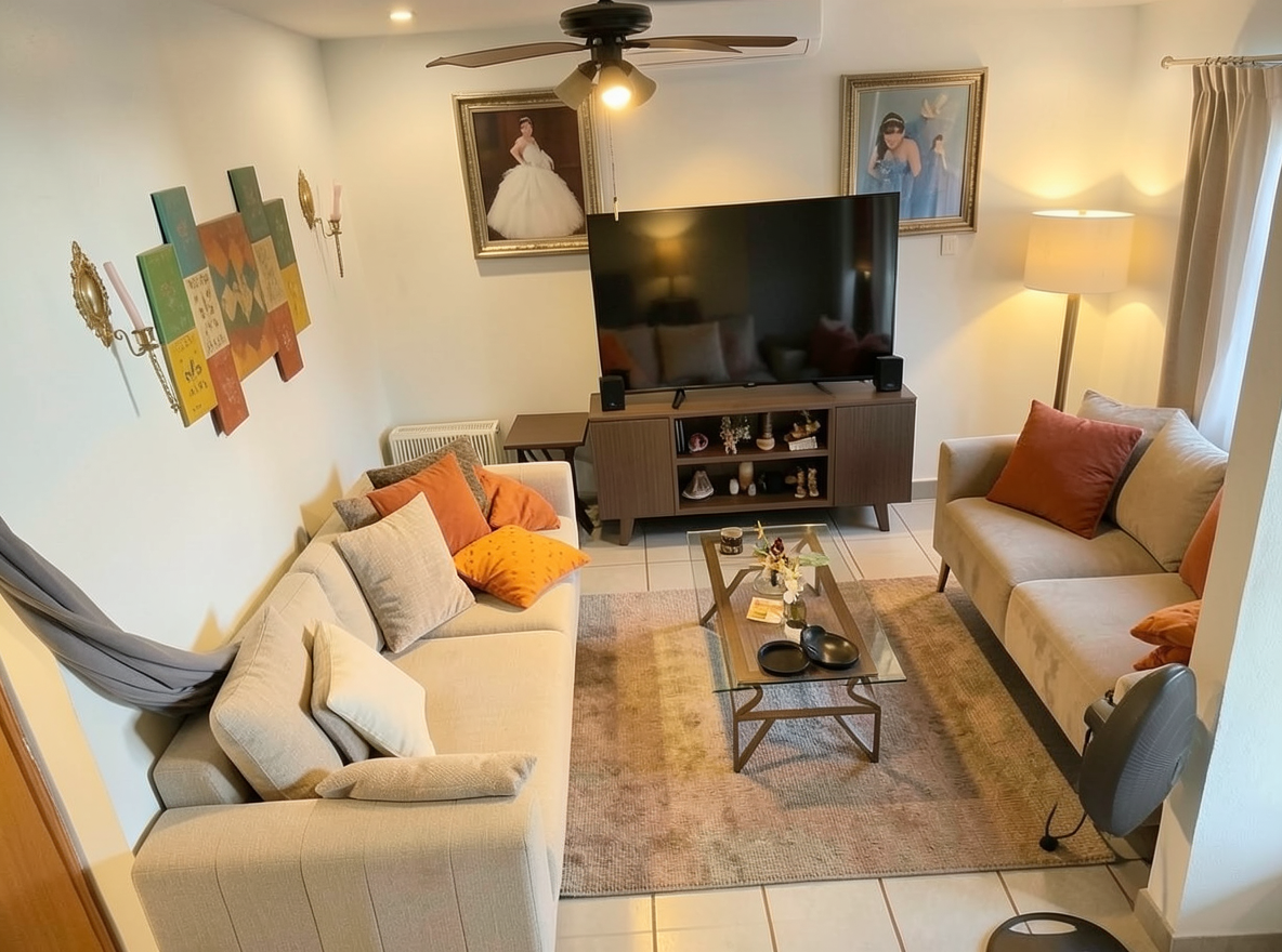 Main redesign studio: Redesign this room in a Modern interior style: clean lines, a neutral palette with bold accents, sleek low-profile furniture, glass and matte-metal su