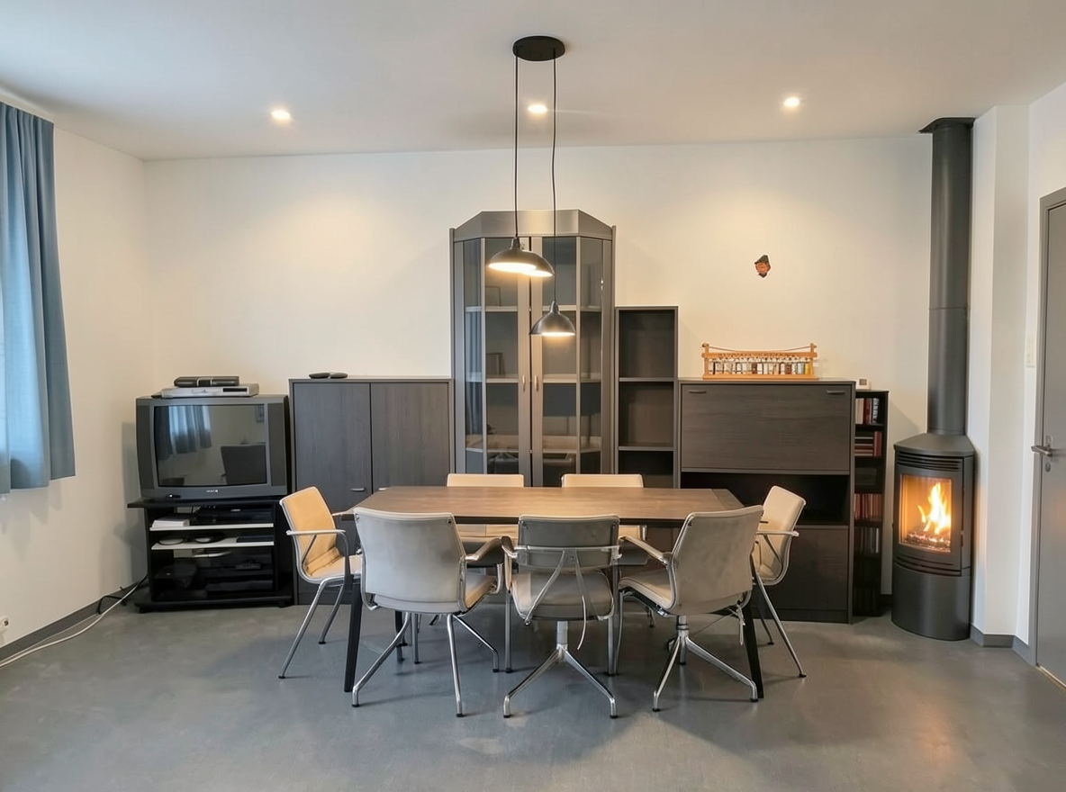 Main redesign studio: Redesign this room in a Modern interior style: clean lines, a neutral palette with bold accents, sleek low-profile furniture, glass and matte-metal su