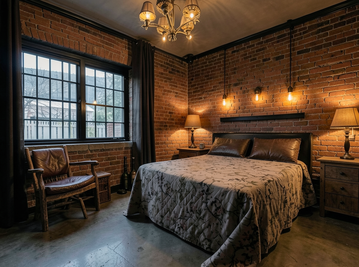 Main redesign studio: Redesign this room in a Industrial interior style: exposed-brick walls, black steel and reclaimed-wood furniture, polished concrete floor, leather acc