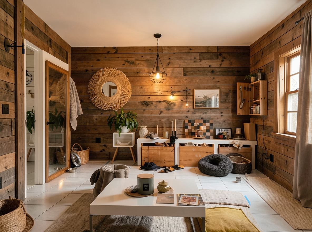 Main redesign studio: Redesign this room in a Farmhouse interior style: shiplap walls, warm reclaimed wood, matte-black fixtures, cozy neutral textiles, vintage accents, so