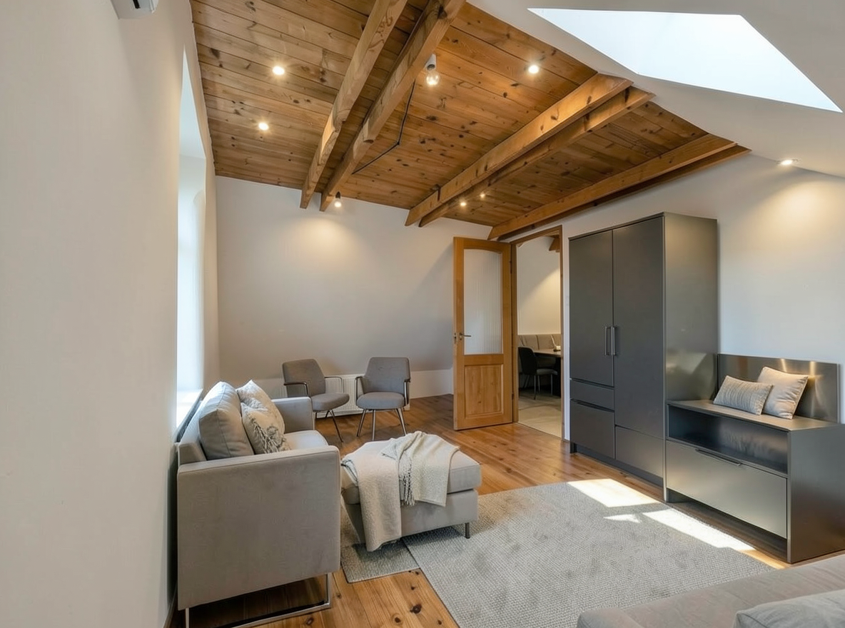 Main redesign studio: Redesign this room in a Modern interior style: clean lines, a neutral palette with bold accents, sleek low-profile furniture, glass and matte-metal su