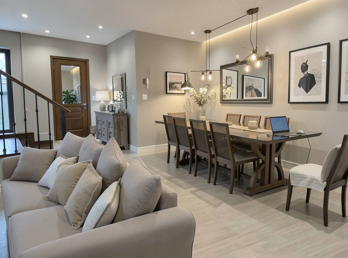 Main redesign studio: Redesign this room in a Modern interior style: clean lines, a neutral palette with bold accents, sleek low-profile furniture, glass and matte-metal su