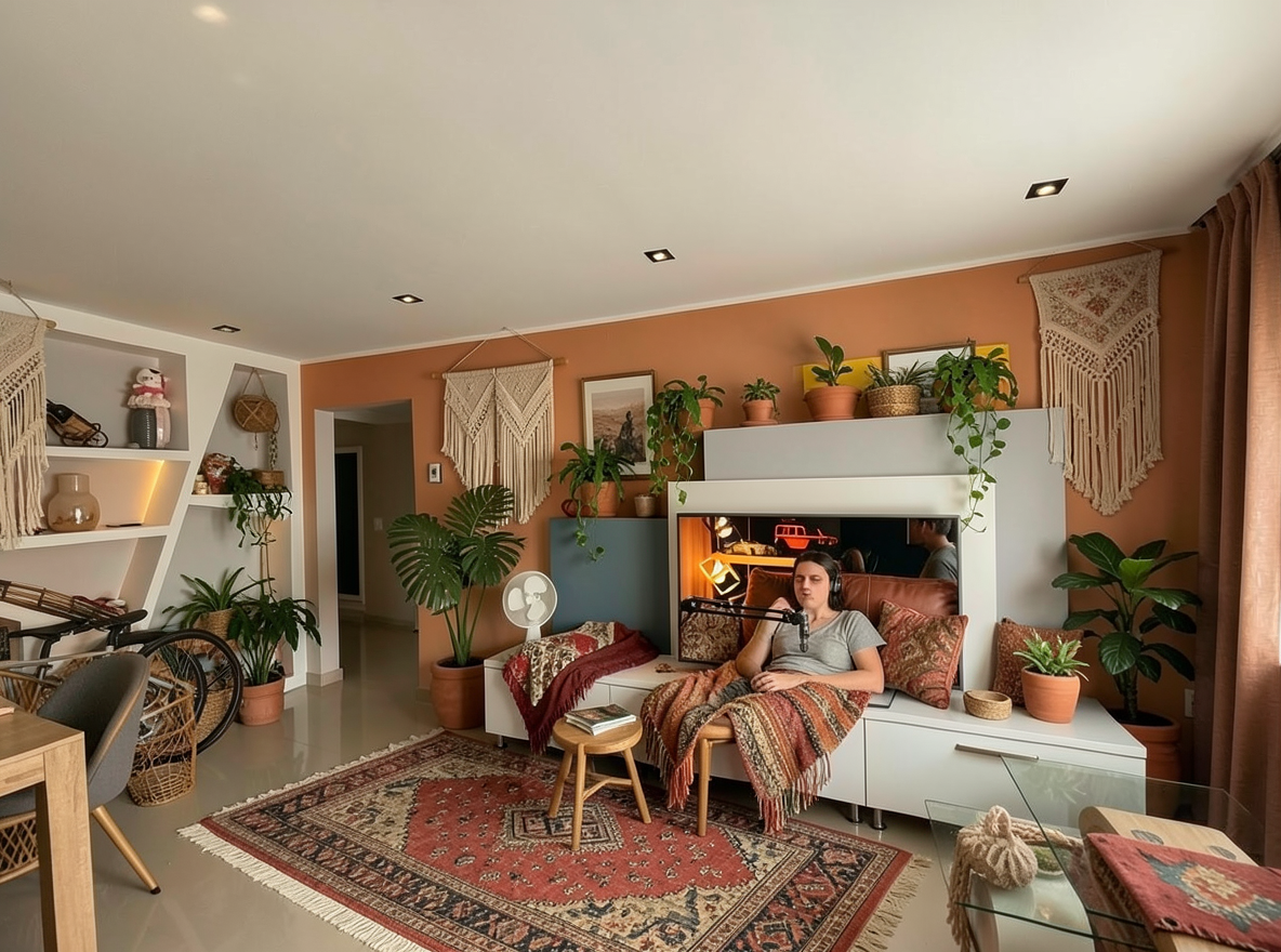 Main redesign studio: Redesign this room in a Boho interior style: layered patterned textiles, rattan and macramé, terracotta and warm earthy tones, abundant plants, vintag
