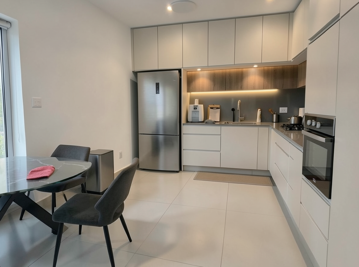 Main redesign studio: Redesign this room in a Modern interior style: clean lines, a neutral palette with bold accents, sleek low-profile furniture, glass and matte-metal su