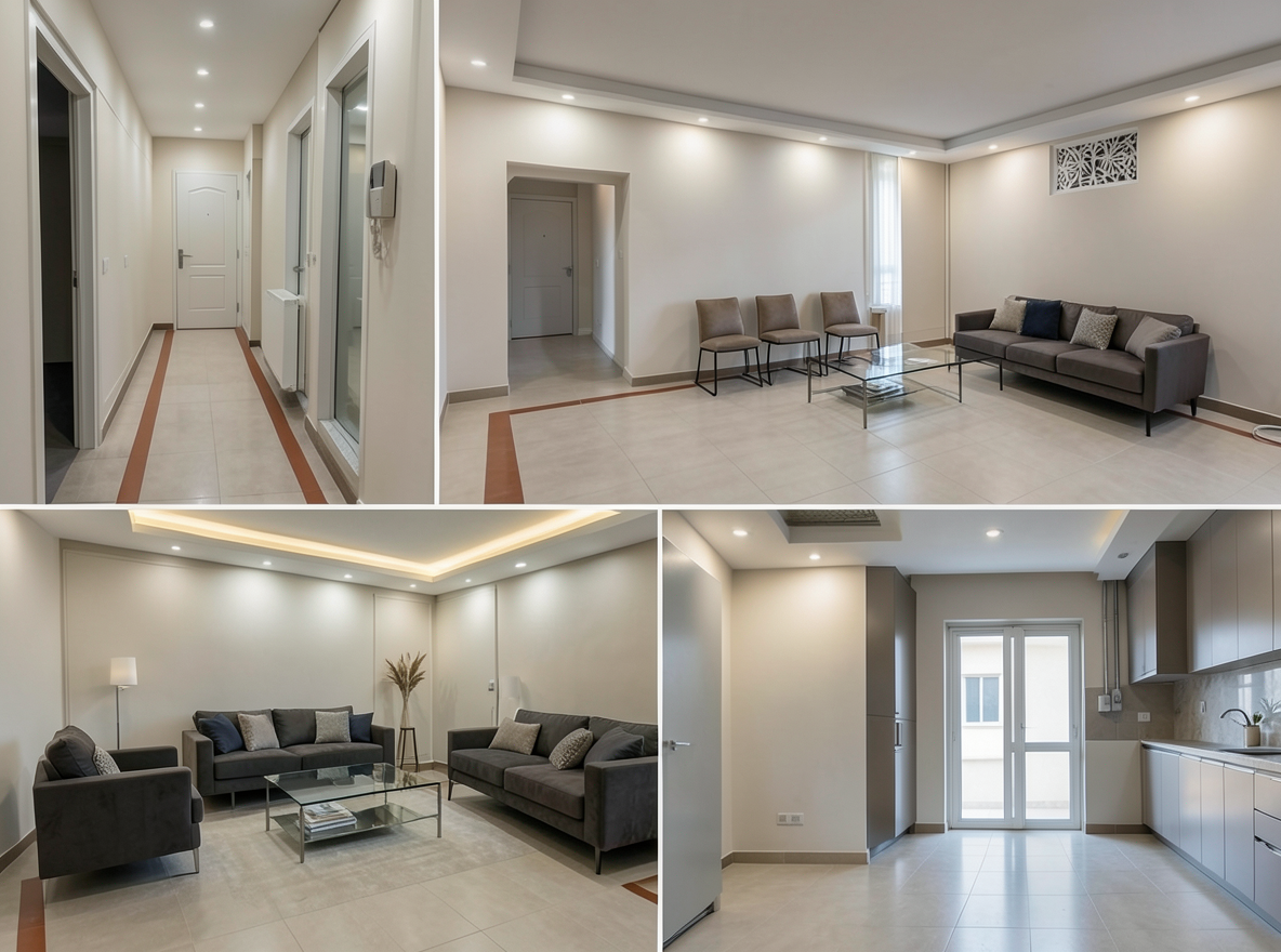 Main redesign studio: Redesign this room in a Modern interior style: clean lines, a neutral palette with bold accents, sleek low-profile furniture, glass and matte-metal su