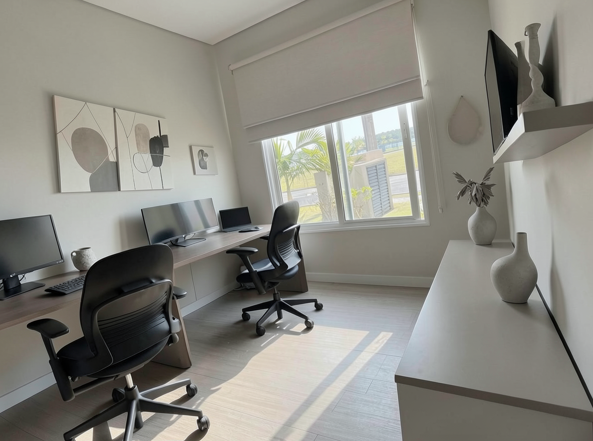 Main redesign studio: Redesign this room in a Minimalist interior style: an uncluttered space, a monochrome neutral palette, a few sculptural pieces, concealed storage, sof