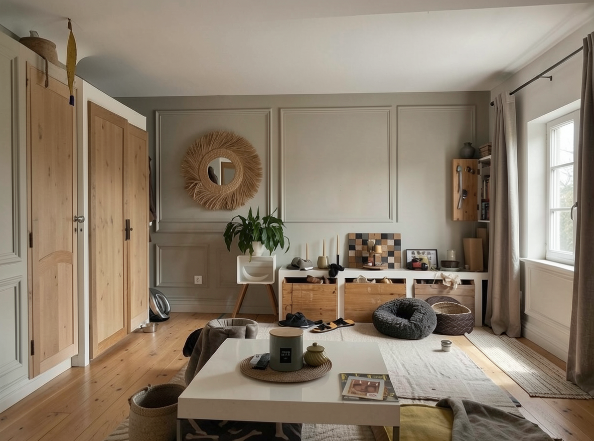 Main redesign studio: Redesign this room in a Japandi interior style: low natural-wood furniture, a muted earthy palette, handcrafted ceramics, linen textiles, soft diffuse