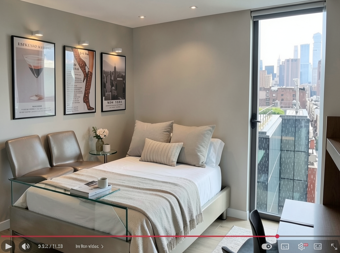 Main redesign studio: Redesign this room in a Modern interior style: clean lines, a neutral palette with bold accents, sleek low-profile furniture, glass and matte-metal su