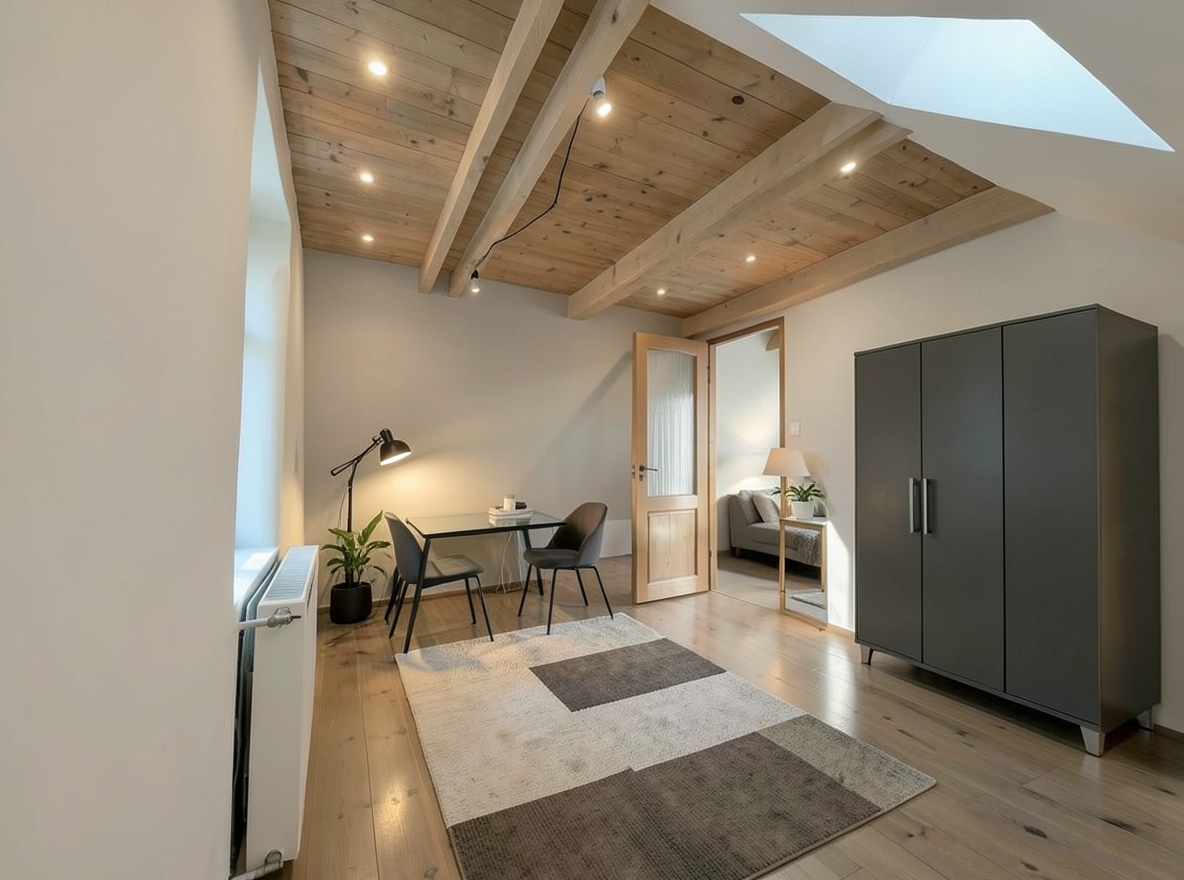 Main redesign studio: Redesign this room in a Modern interior style: clean lines, a neutral palette with bold accents, sleek low-profile furniture, glass and matte-metal su