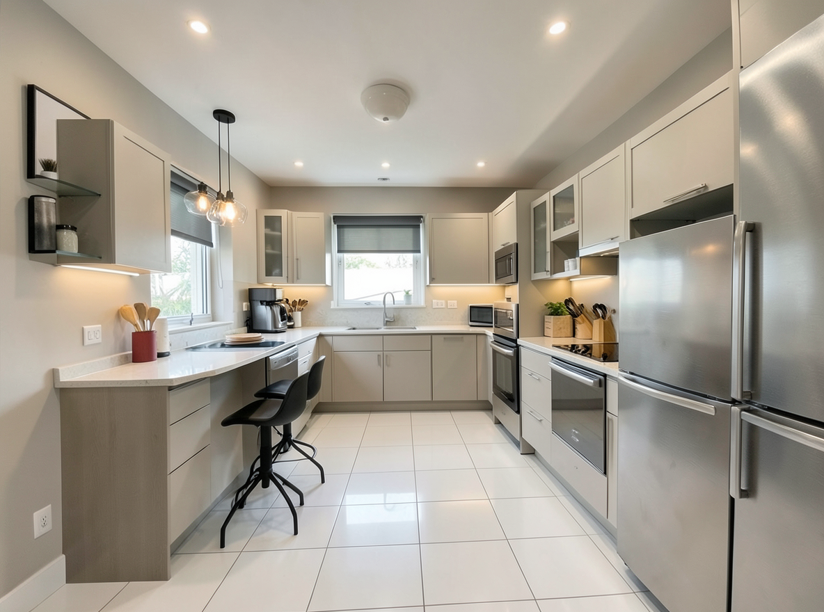 Main redesign studio: Redesign this room in a Modern interior style: clean lines, a neutral palette with bold accents, sleek low-profile furniture, glass and matte-metal su