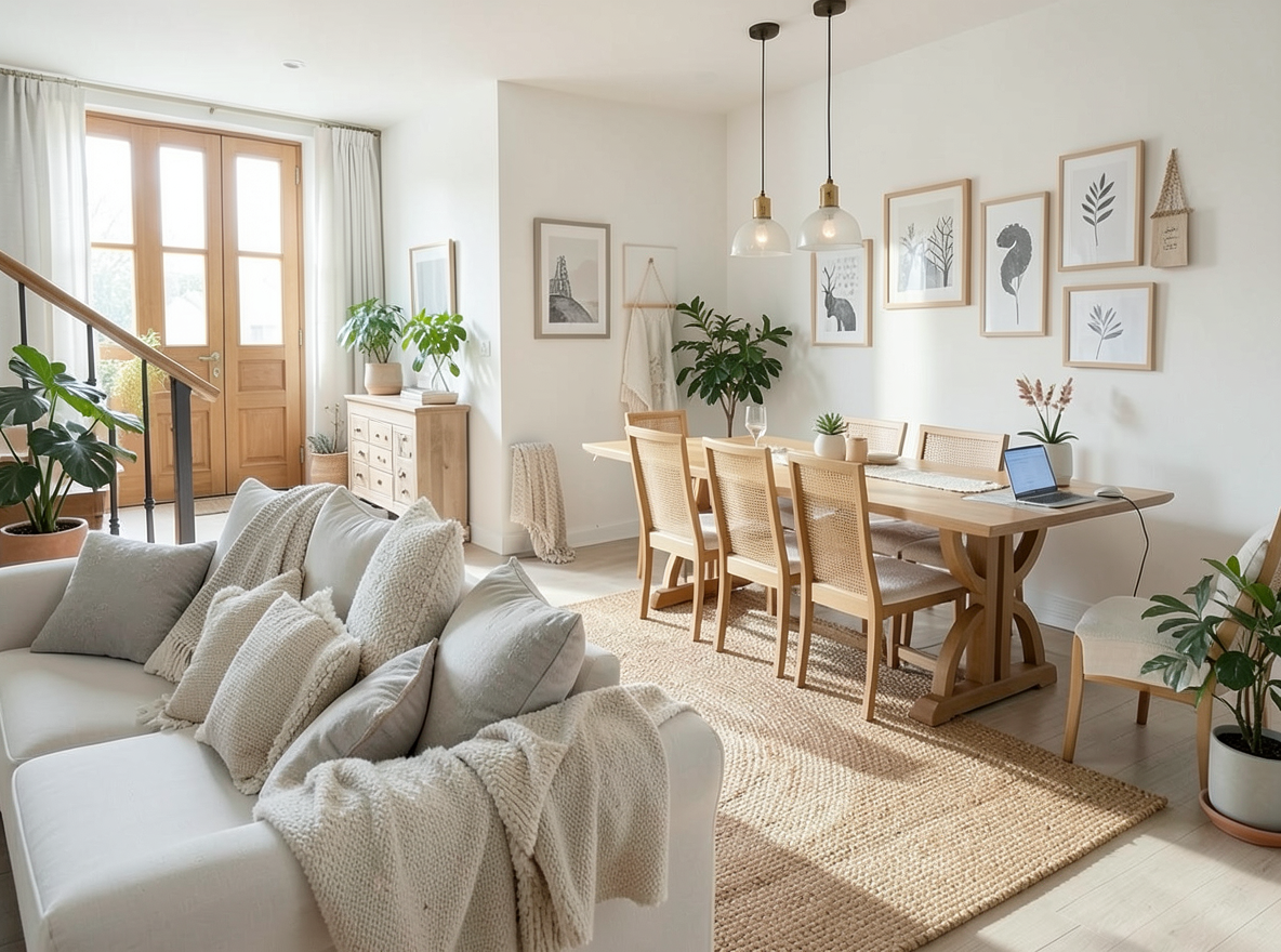 Main redesign studio: Redesign this room in a Scandinavian interior style: light oak wood, a white and soft-grey palette, wool and linen textiles, a woven jute rug, leafy p