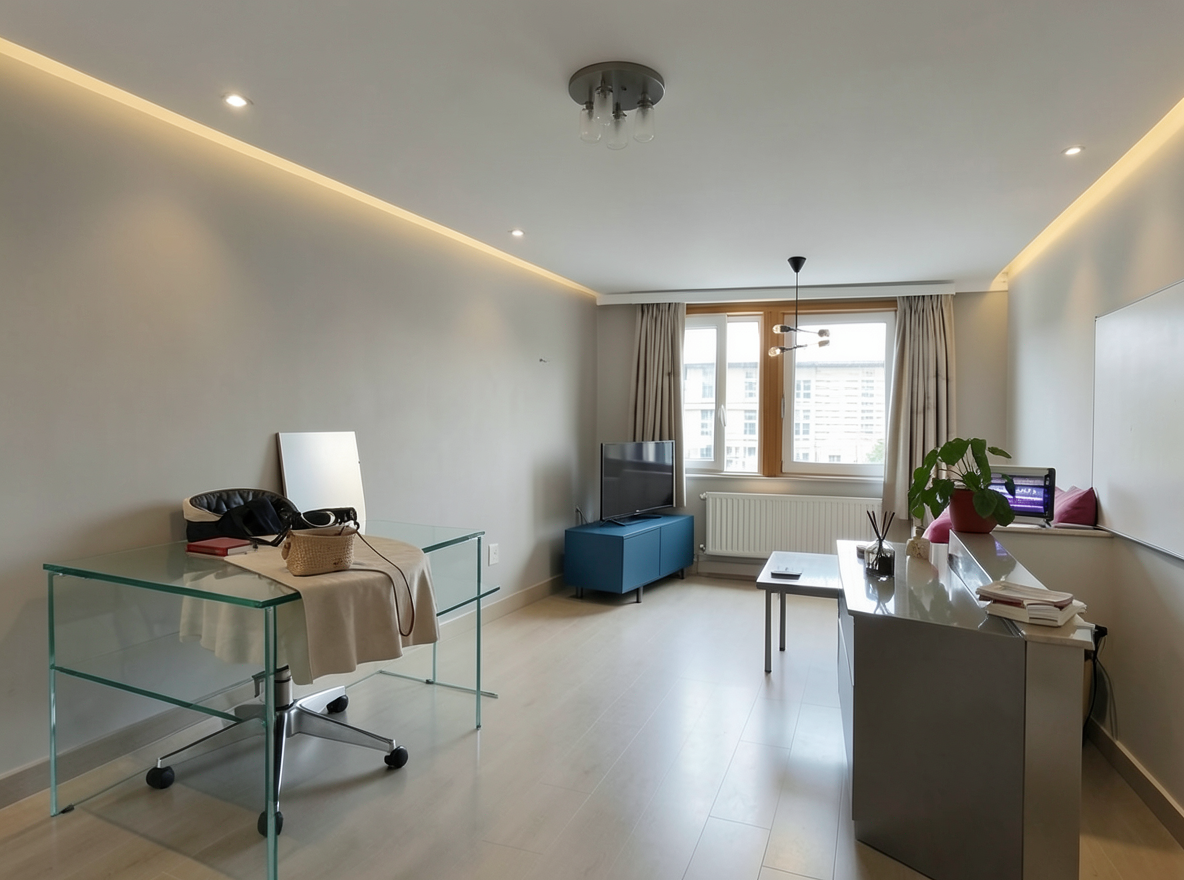 Main redesign studio: Redesign this room in a Modern interior style: clean lines, a neutral palette with bold accents, sleek low-profile furniture, glass and matte-metal su