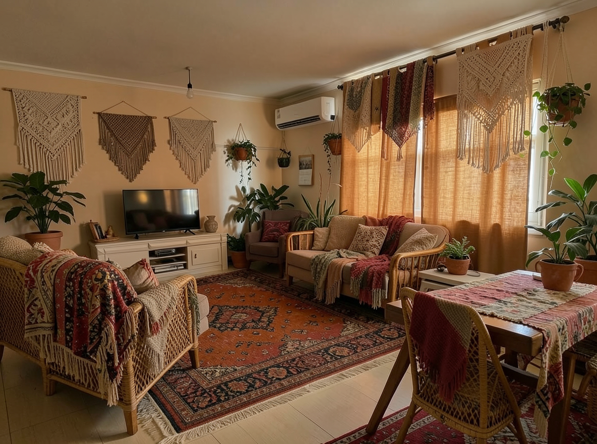 Main redesign studio: Redesign this room in a Boho interior style: layered patterned textiles, rattan and macramé, terracotta and warm earthy tones, abundant plants, vintag