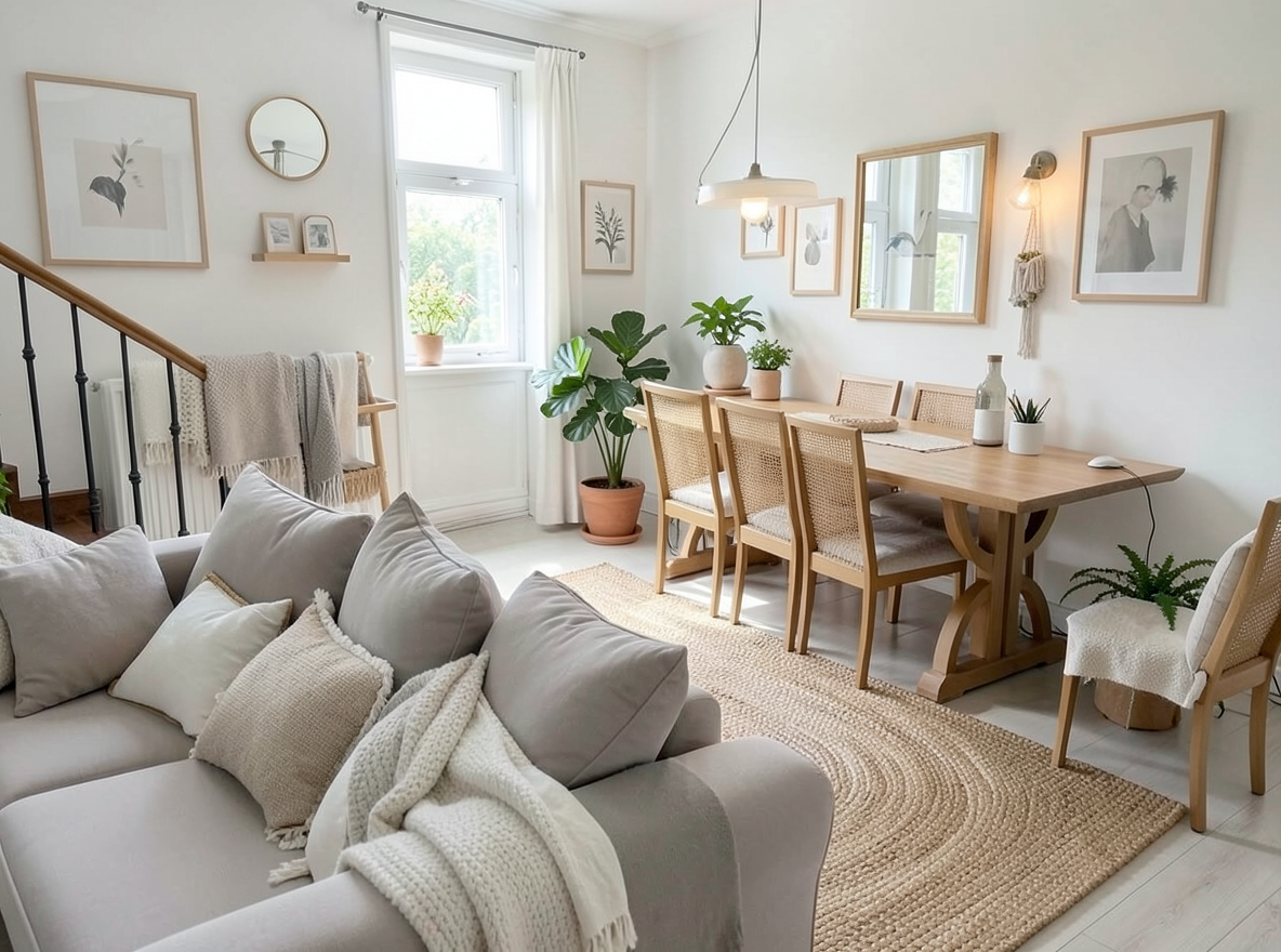 Main redesign studio: Redesign this room in a Scandinavian interior style: light oak wood, a white and soft-grey palette, wool and linen textiles, a woven jute rug, leafy p