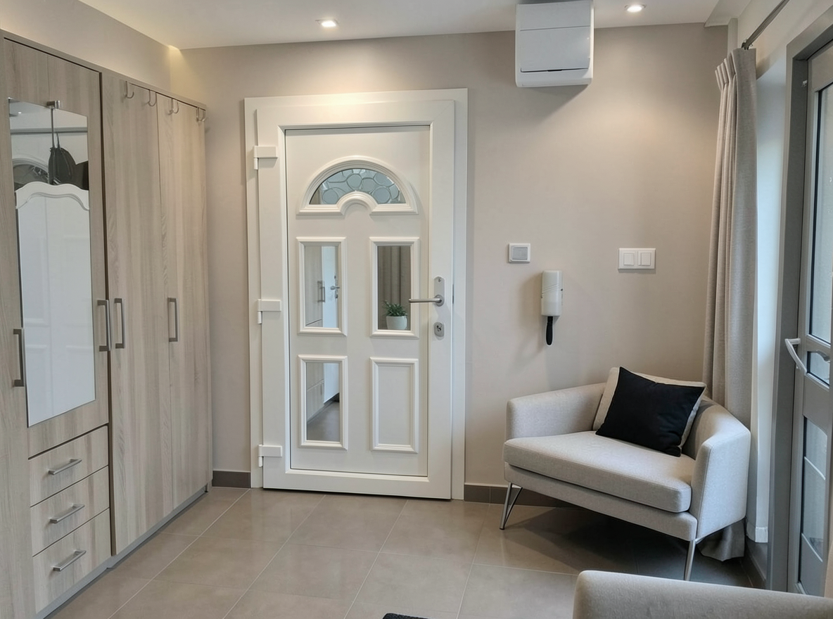 Main redesign studio: Redesign this room in a Modern interior style: clean lines, a neutral palette with bold accents, sleek low-profile furniture, glass and matte-metal su