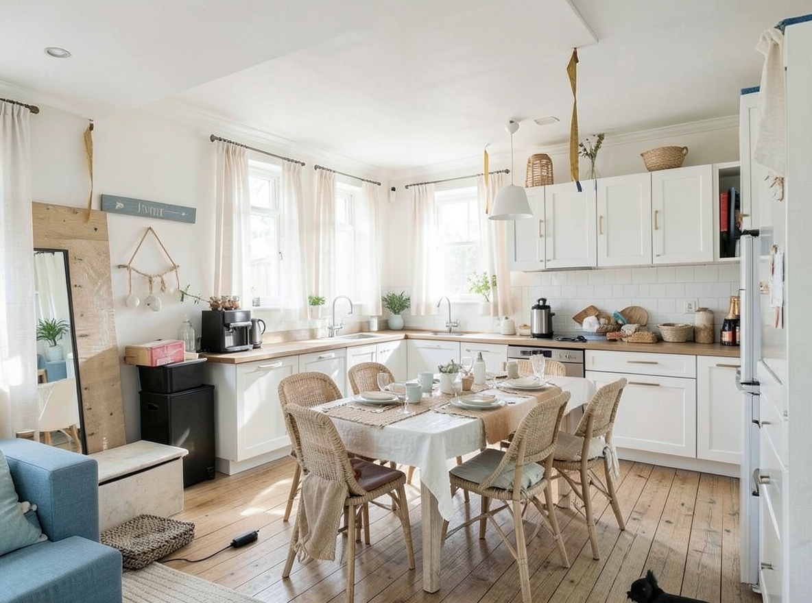 Main redesign studio: Redesign this room in a Coastal interior style: airy whites and soft-blue tones, weathered light wood, natural linen and woven textures, breezy sheer