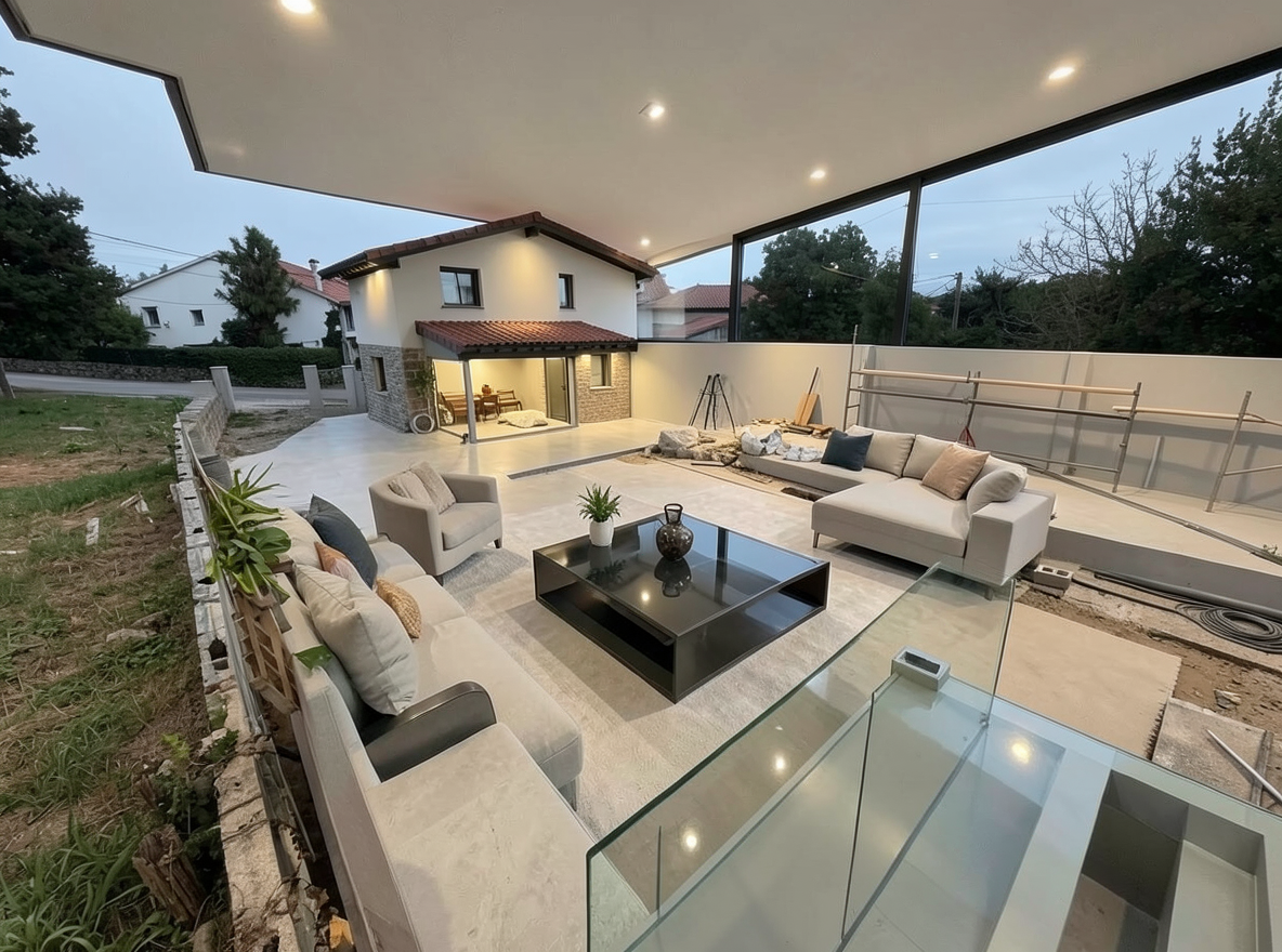 Main redesign studio: Redesign this room in a Modern interior style: clean lines, a neutral palette with bold accents, sleek low-profile furniture, glass and matte-metal su