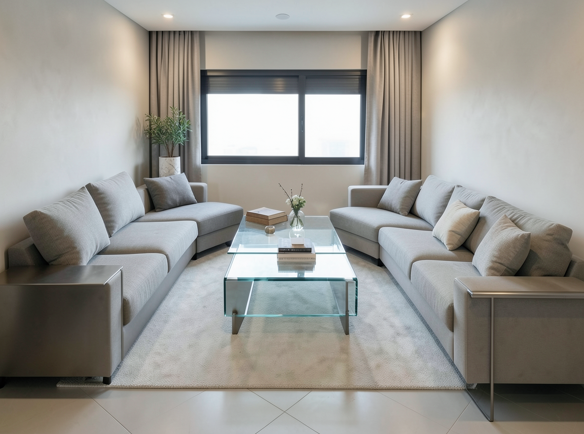 Main redesign studio: Redesign this room in a Modern interior style: clean lines, a neutral palette with bold accents, sleek low-profile furniture, glass and matte-metal su