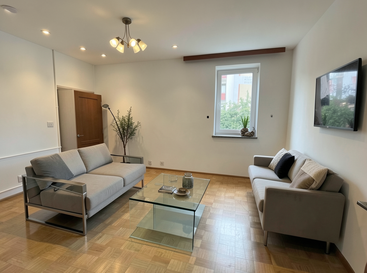 Main redesign studio: Redesign this room in a Modern interior style: clean lines, a neutral palette with bold accents, sleek low-profile furniture, glass and matte-metal su