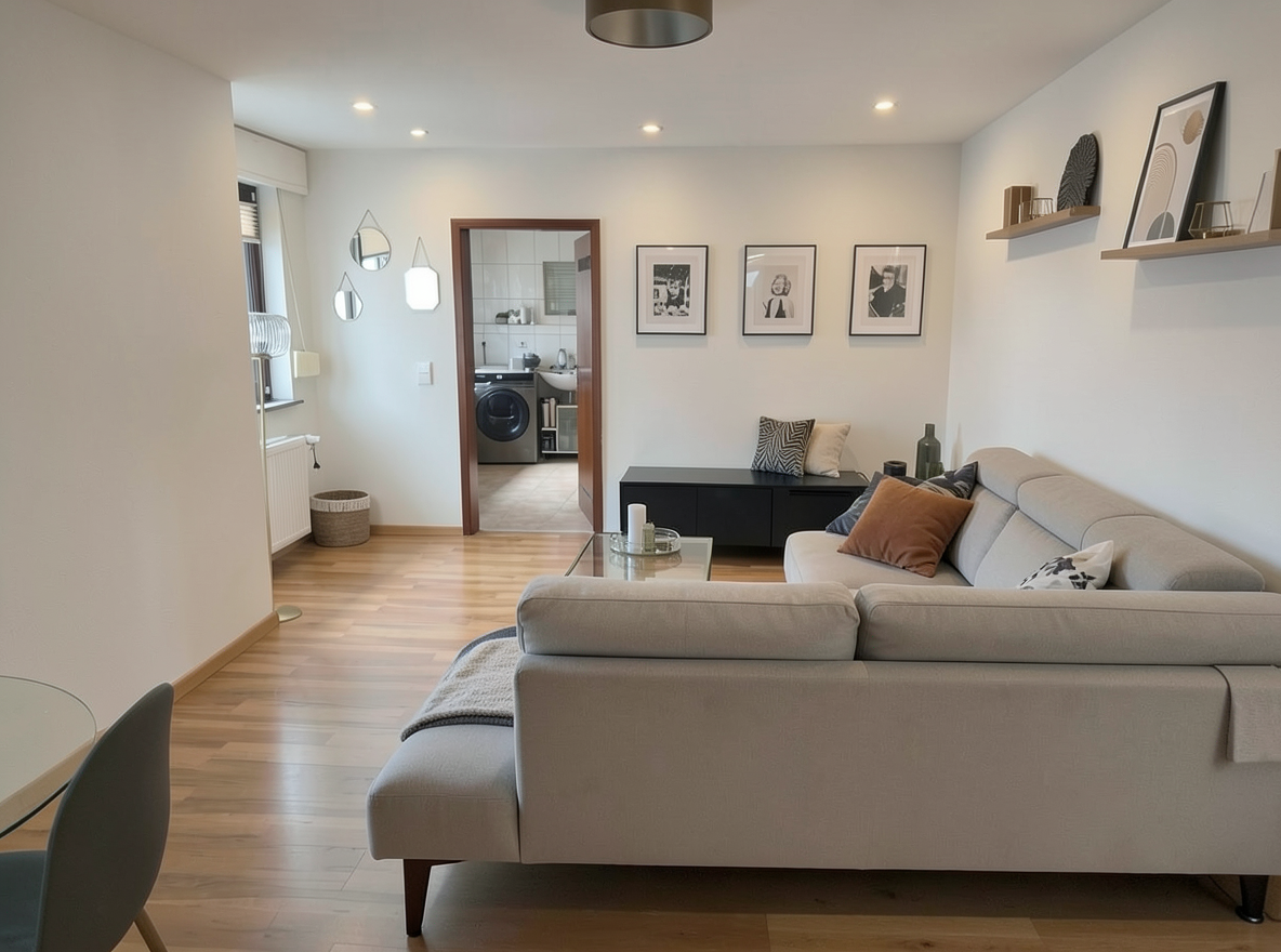 Main redesign studio: Redesign this room in a Modern interior style: clean lines, a neutral palette with bold accents, sleek low-profile furniture, glass and matte-metal su
