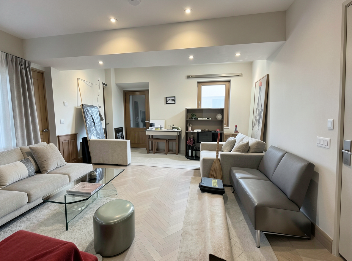 Main redesign studio: Redesign this room in a Modern interior style: clean lines, a neutral palette with bold accents, sleek low-profile furniture, glass and matte-metal su