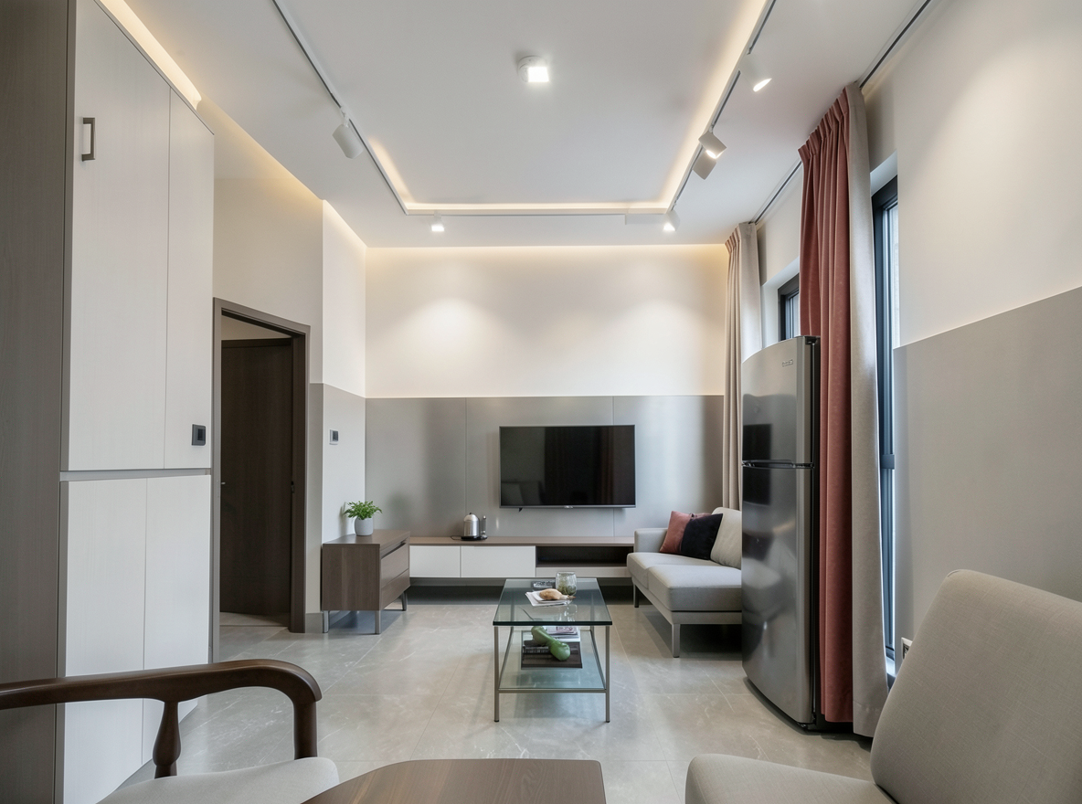Main redesign studio: Redesign this room in a Modern interior style: clean lines, a neutral palette with bold accents, sleek low-profile furniture, glass and matte-metal su