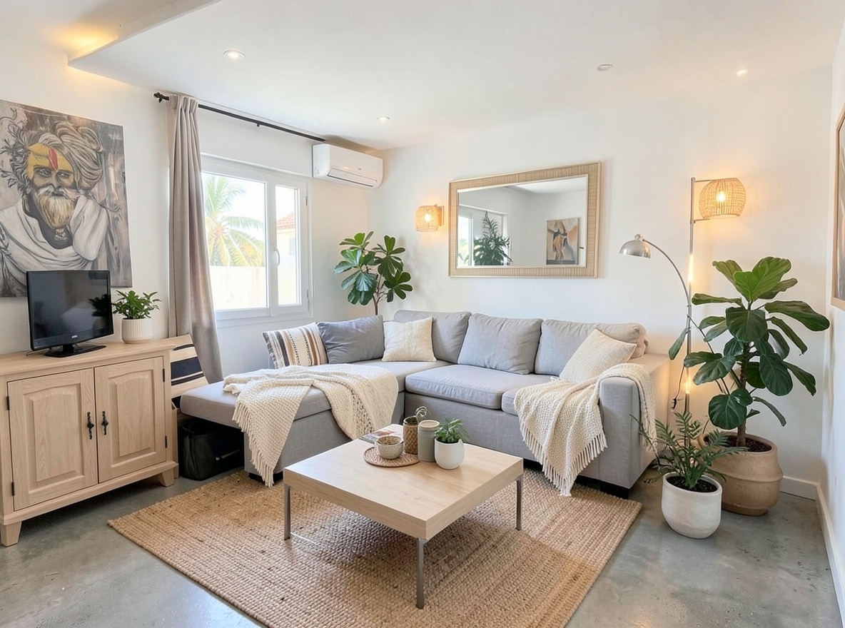 Main redesign studio: Redesign this room in a Scandinavian interior style: light oak wood, a white and soft-grey palette, wool and linen textiles, a woven jute rug, leafy p