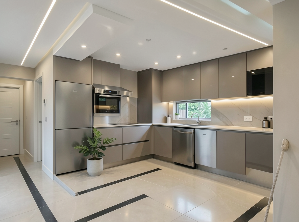 Main redesign studio: Redesign this room in a Modern interior style: clean lines, a neutral palette with bold accents, sleek low-profile furniture, glass and matte-metal su
