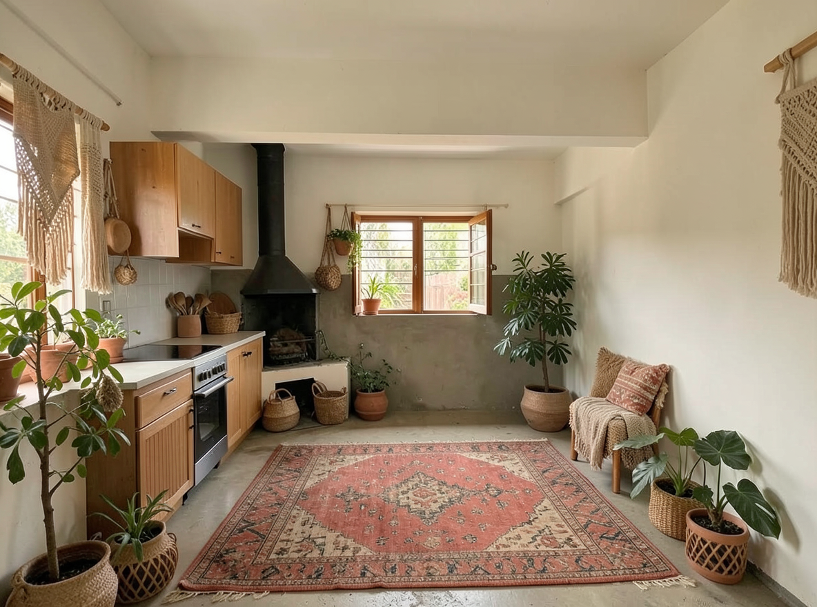 Main redesign studio: Redesign this room in a Boho interior style: layered patterned textiles, rattan and macramé, terracotta and warm earthy tones, abundant plants, vintag
