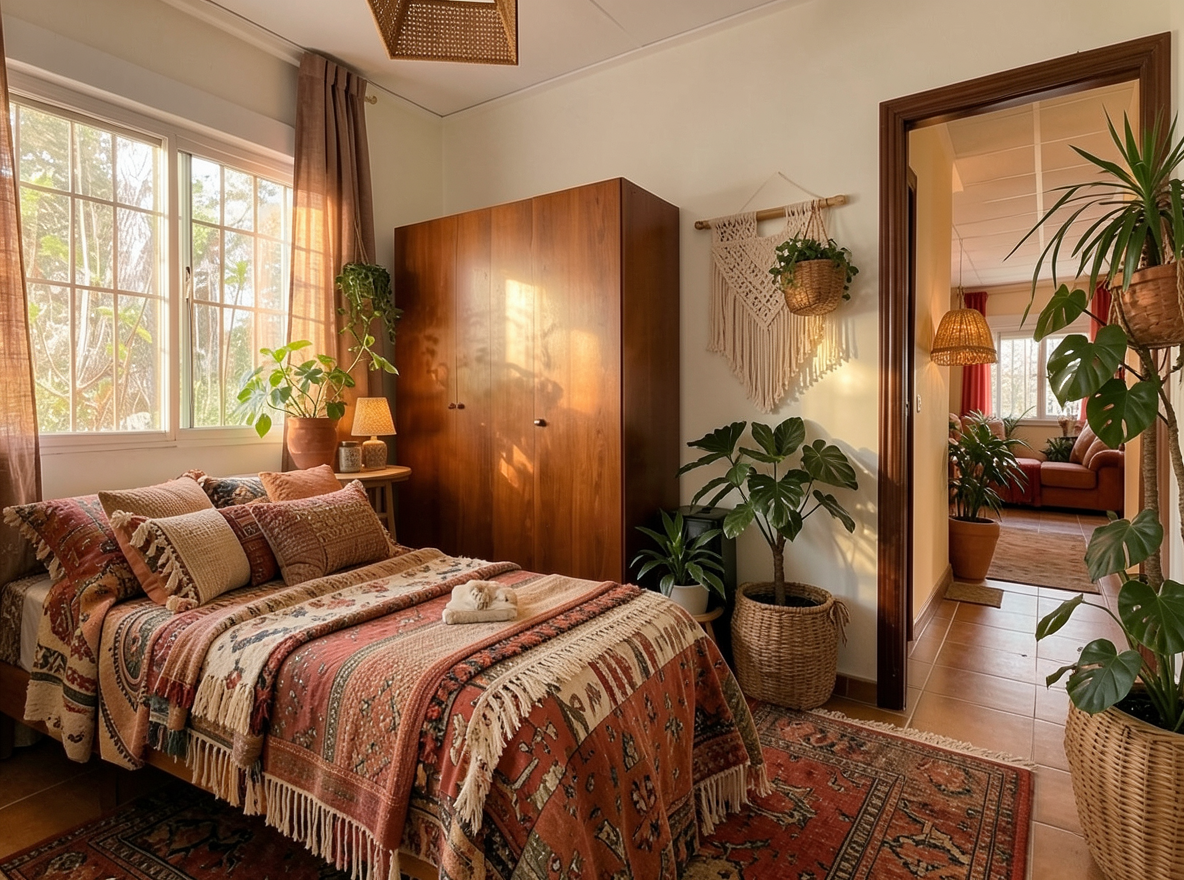 Main redesign studio: Redesign this room in a Boho interior style: layered patterned textiles, rattan and macramé, terracotta and warm earthy tones, abundant plants, vintag