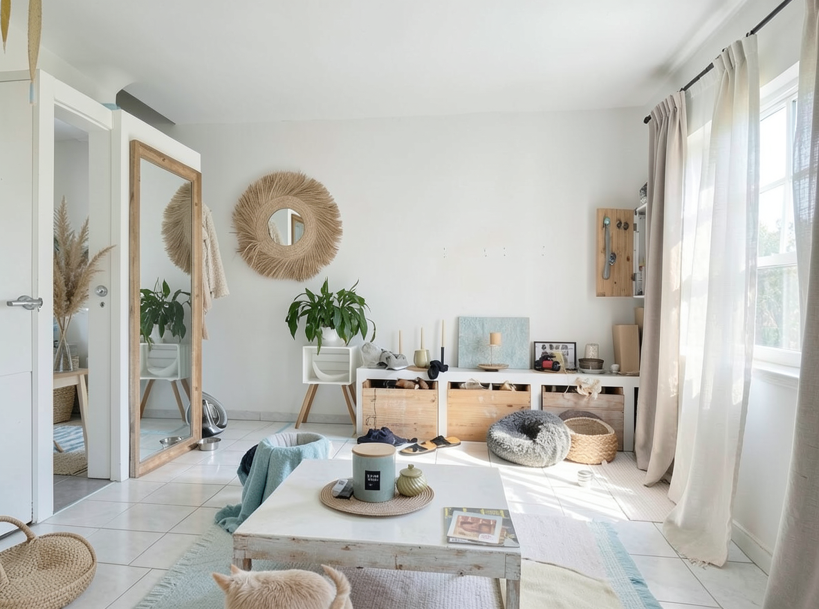 Main redesign studio: Redesign this room in a Coastal interior style: airy whites and soft-blue tones, weathered light wood, natural linen and woven textures, breezy sheer
