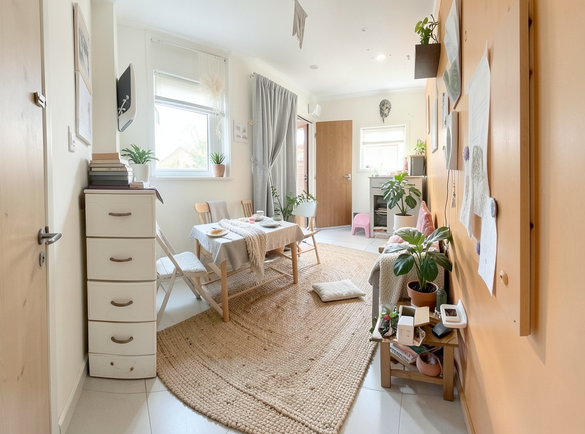 Main redesign studio: Redesign this room in a Scandinavian interior style: light oak wood, a white and soft-grey palette, wool and linen textiles, a woven jute rug, leafy p