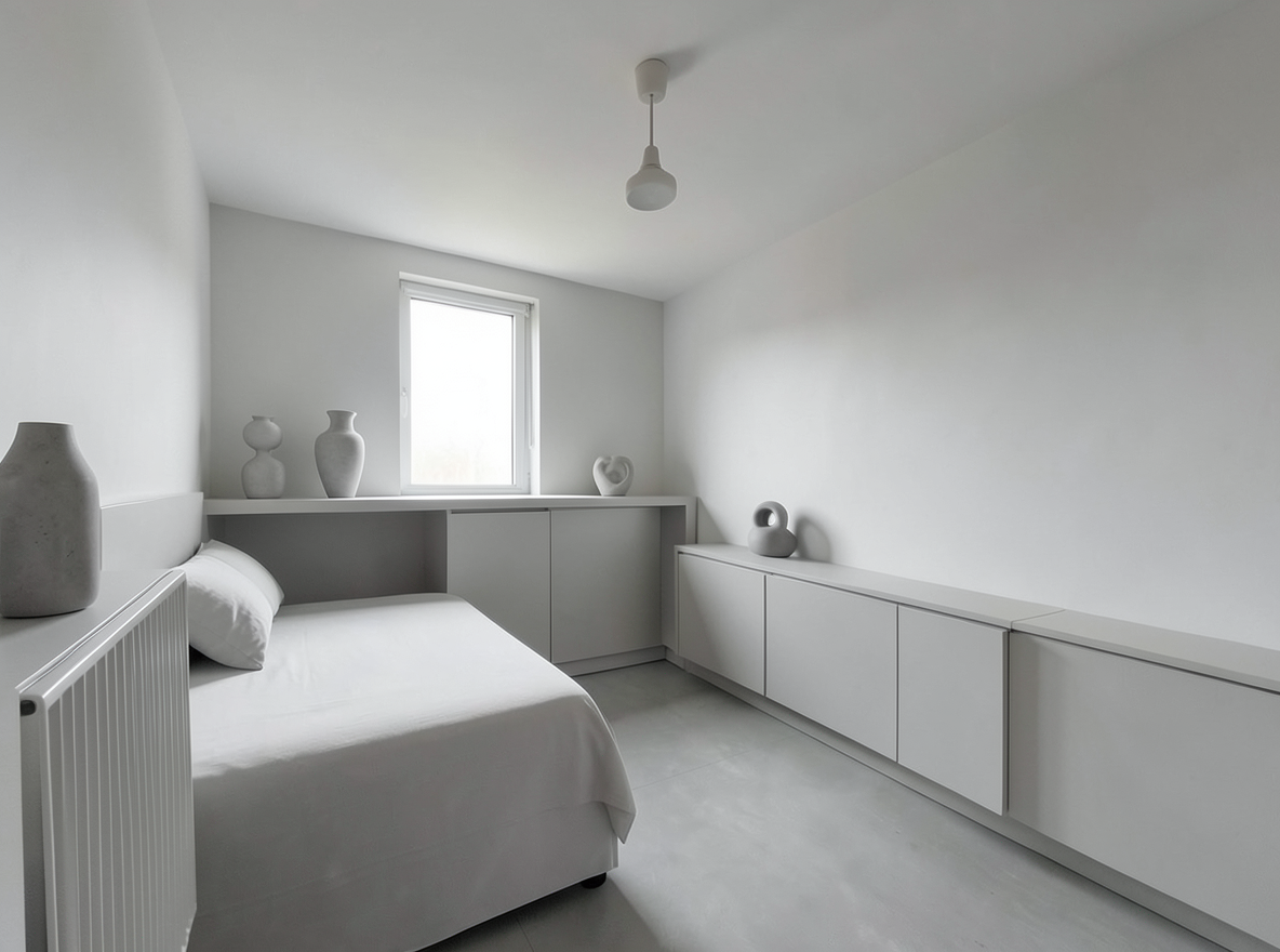 Main redesign studio: Redesign this room in a Minimalist interior style: an uncluttered space, a monochrome neutral palette, a few sculptural pieces, concealed storage, sof