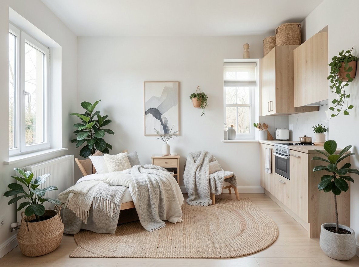 Main redesign studio: Redesign this room in a Scandinavian interior style: light oak wood, a white and soft-grey palette, wool and linen textiles, a woven jute rug, leafy p
