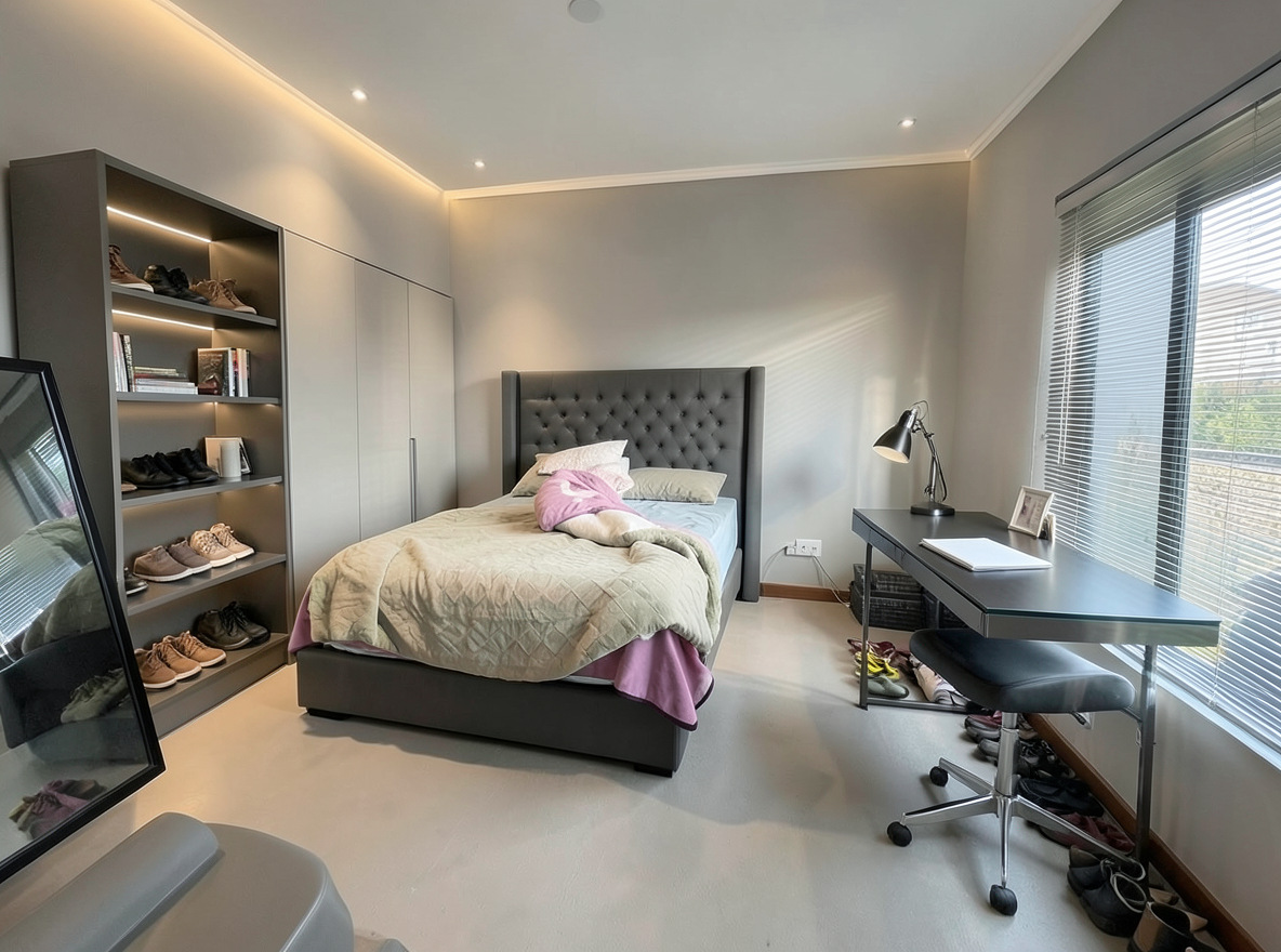 Main redesign studio: Redesign this room in a Modern interior style: clean lines, a neutral palette with bold accents, sleek low-profile furniture, glass and matte-metal su