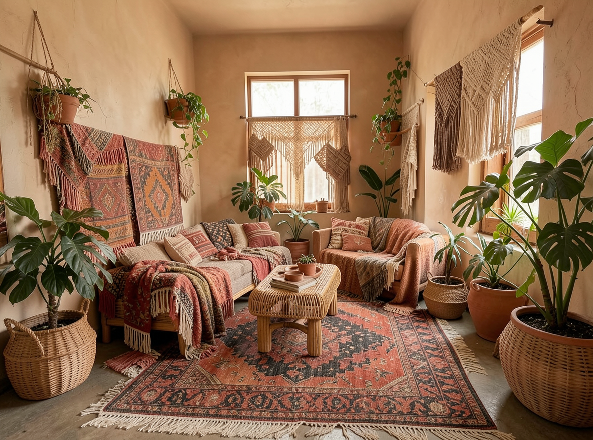 Main redesign studio: Redesign this room in a Boho interior style: layered patterned textiles, rattan and macramé, terracotta and warm earthy tones, abundant plants, vintag