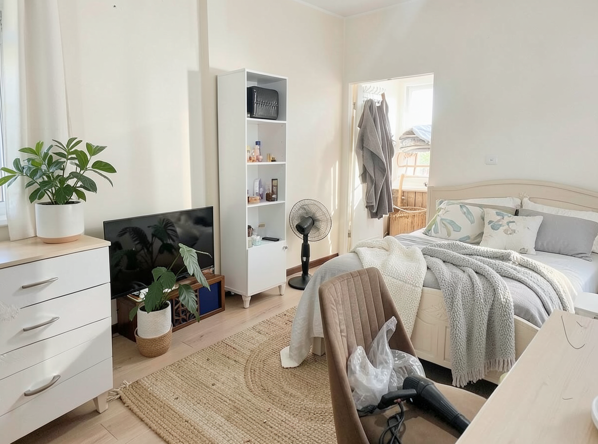 Main redesign studio: Redesign this room in a Scandinavian interior style: light oak wood, a white and soft-grey palette, wool and linen textiles, a woven jute rug, leafy p